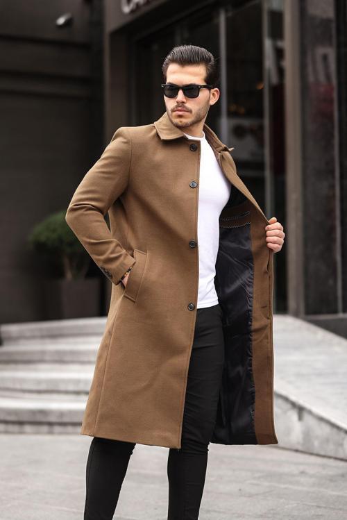 Erkek Taba Dar Kesim Uzun Yün Karışımlı Kaşe Gömlek Yaka Palto&Kaban