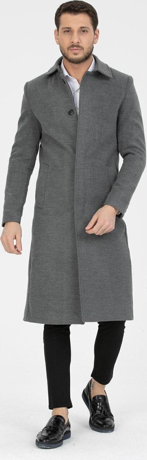 Erkek Gri Dar Kesim Uzun Yün Karışımlı Kaşe Gömlek Yaka Palto&Kaban