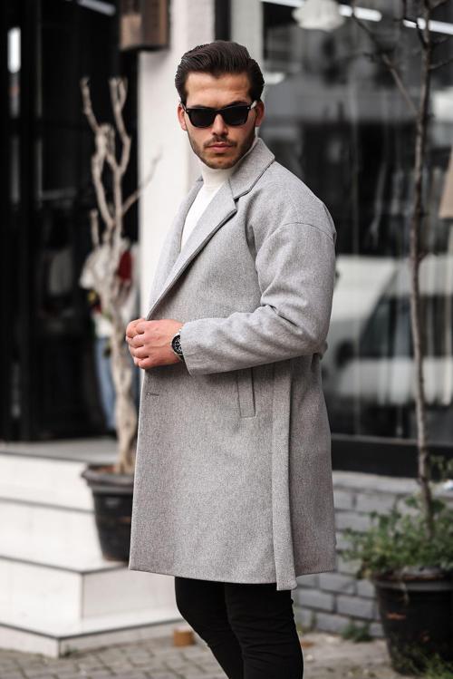 Erkek Açık Gri Kemerli Oversize Rahat Kesim Kaşe Kaban