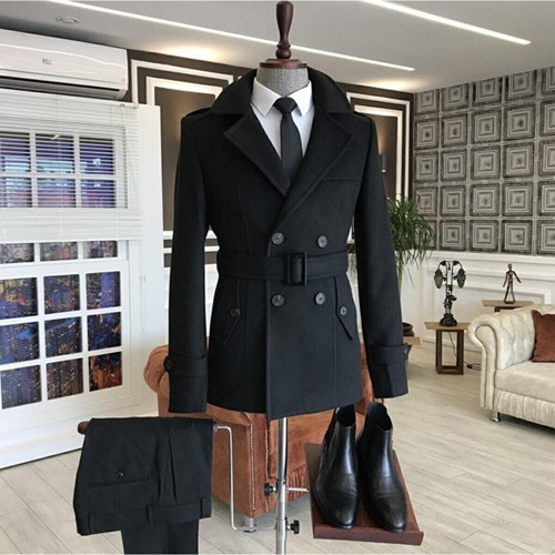 Erkek Siyah Kemerli Kaşe Kaban Trenç Model