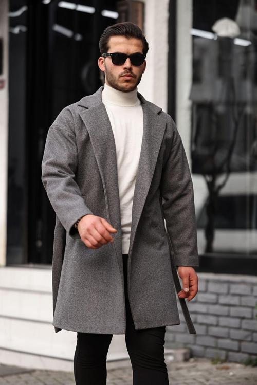 Erkek Gri Kemerli Oversize Rahat Kesim Kaşe Kaban