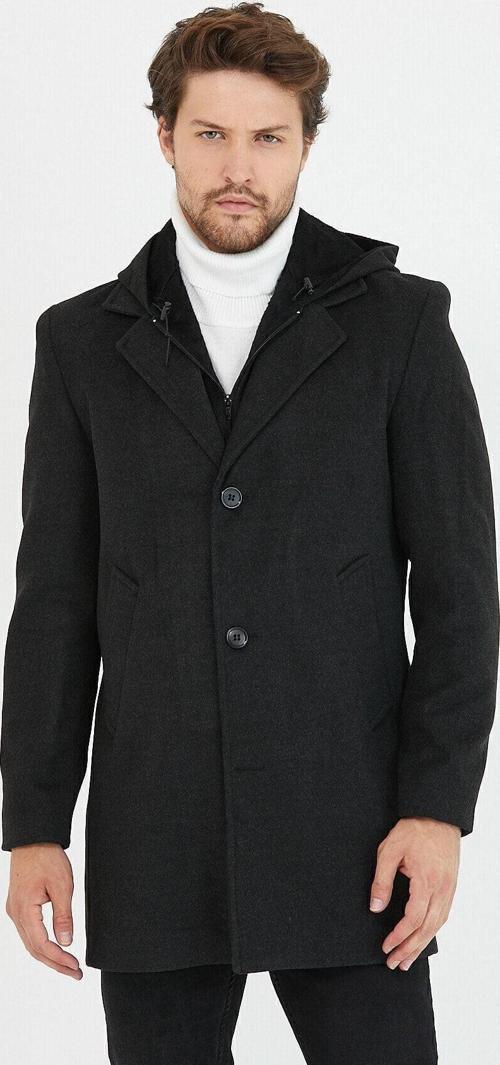 Erkek Antrasit Yün Karışımlı Kaşe Kapüşonlu Önü Fermuarlı Ve Düğmeli Uzun Kaban