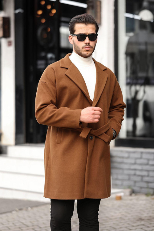 Erkek Taba Kemerli Oversize Rahat Kesim Kaşe Kaban
