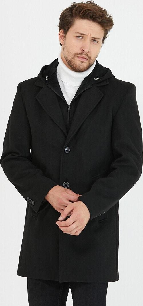 Erkek Siyah Yün Karışımlı Kaşe Kapüşonlu Önü Fermuarlı Ve Düğmeli Uzun Kaban