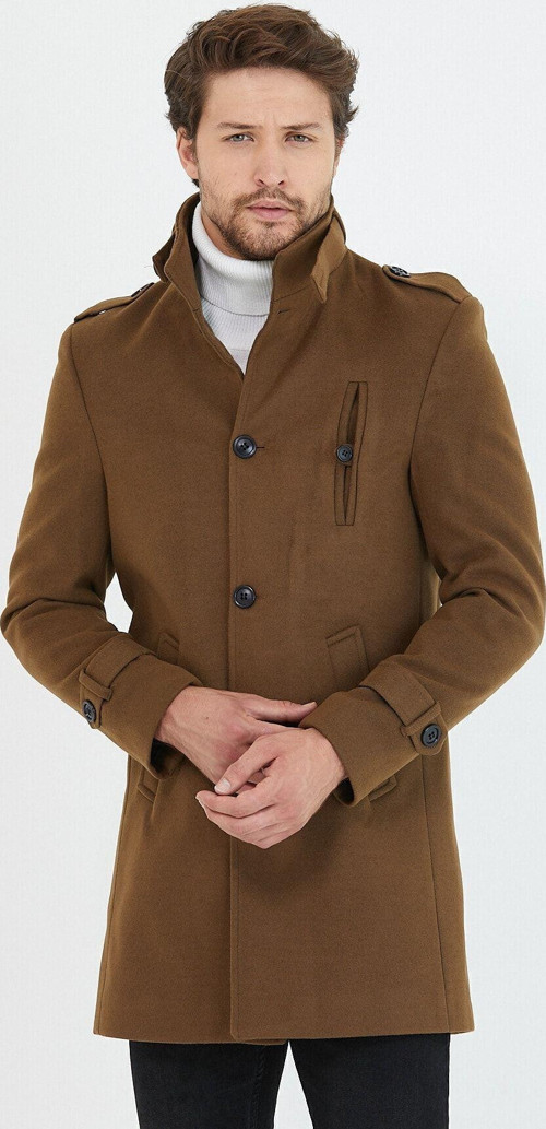 Erkek Taba Dar Kesim Dik Yaka Uzun Yün Karışımlı Kaşe Kaban