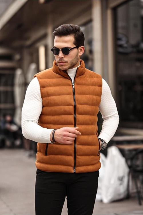 Erkek Taba Nubuk Süet Şişme Yelek