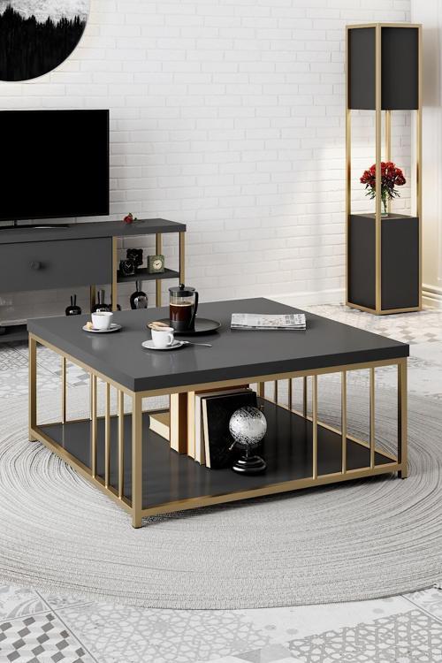 - Zenn 90X90X40 Cm Antrasit Orta Sehpa - 3.6 Cm Kalınlıkta Üst Tabla