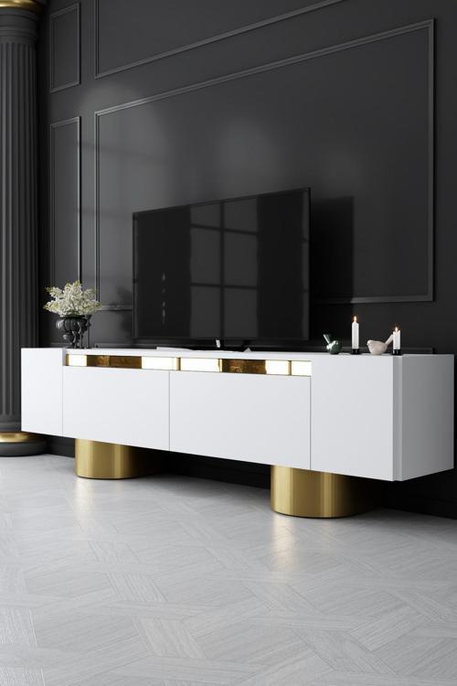 Bohem Gold Metal Ayaklı Gold Tasarım Beyaz Tv Ünitesi