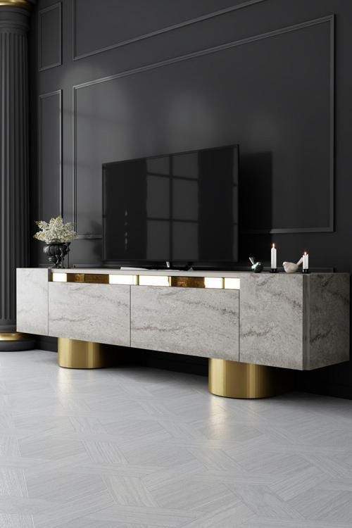 Bohem Gold Metal Ayaklı Gold Tasarım Traverten Mermer Tv Sehpası