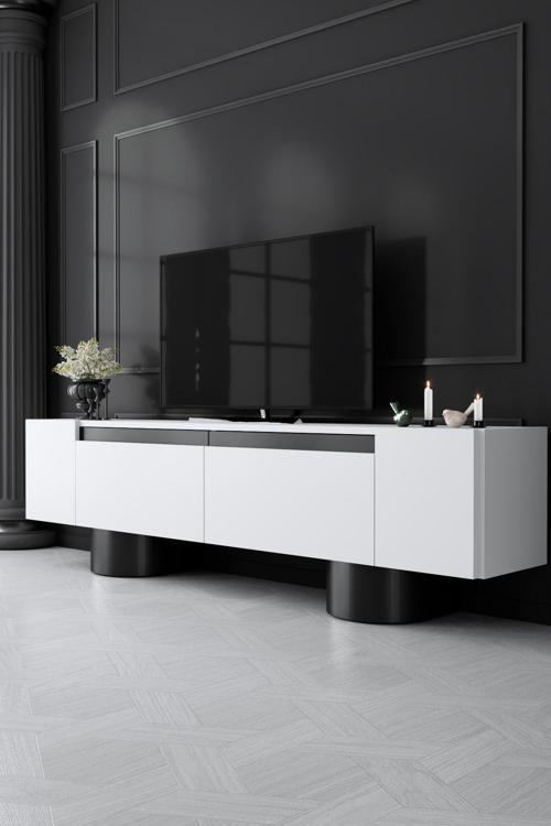 Bohem Siyah Metal Ayaklı Siyah Tasarım Beyaz Tv Sehpası