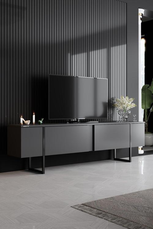 Luxe Siyah Demir Ayaklı Antrasit Tv Sehpası Tv Ünitesi_Tymd254