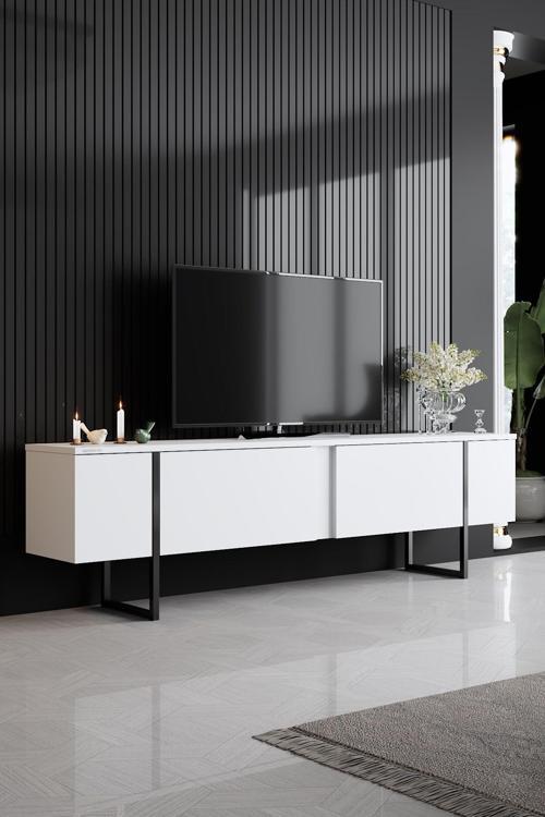 Luxe Siyah Demir Ayaklı Beyaz Tv Sehpası Tv Ünitesi_Tymd253