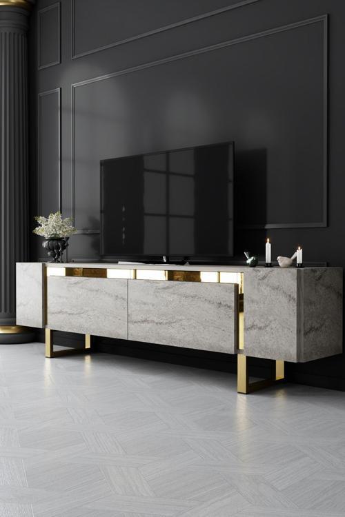 Yıldız Gold Metal Ayaklı Gold Tasarım Traverten Mermer Tv Sehpası