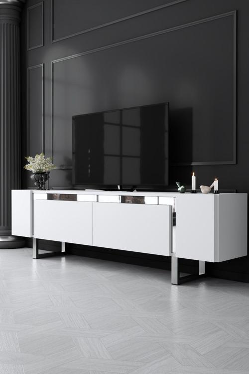 Yıldız Gümüş Metal Ayaklı Krom Tasarım Beyaz Tv Sehpası