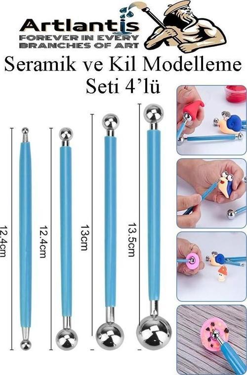 Top Uçlu Seramik ve Kil Modelleme Seti 4 lü 1 Paket Polimer Kil Şekillendirme Çömlek Oyma Çiçek Marzipan Mandala Top Ütü