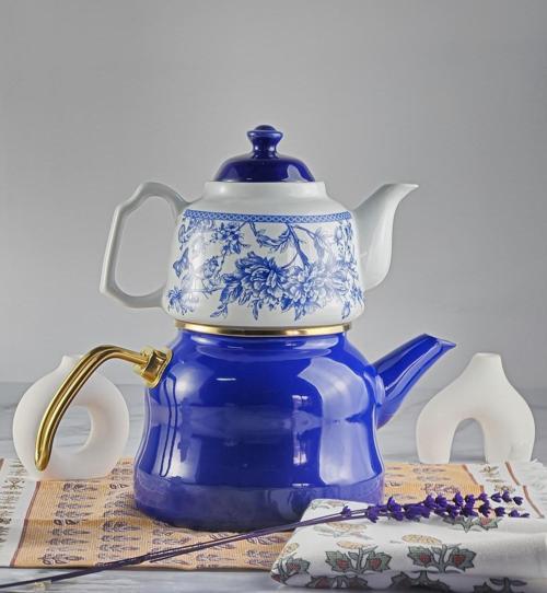 Alev Emaye Porselen Çaydanlık Takımı - Emaye Kettle Porselen Demlik - 3.5 Litre