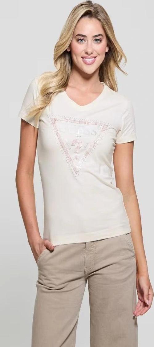 Kadın Beyaz Üçgen Logo V Yaka T-Shirt