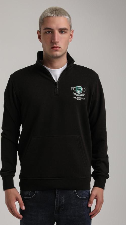 Dik Yaka Siyah Slim Fit Sweatshirt 24FWM60198