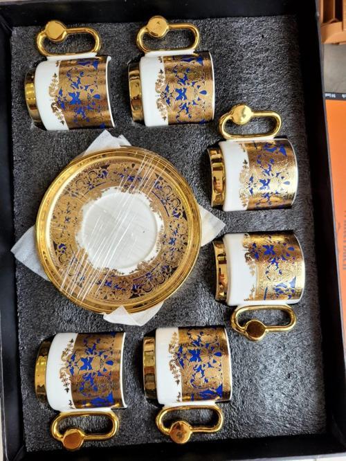 6 Kişilik 12 Parça Kahve Fincan Seti - Altın ve Mavi Zarafeti
