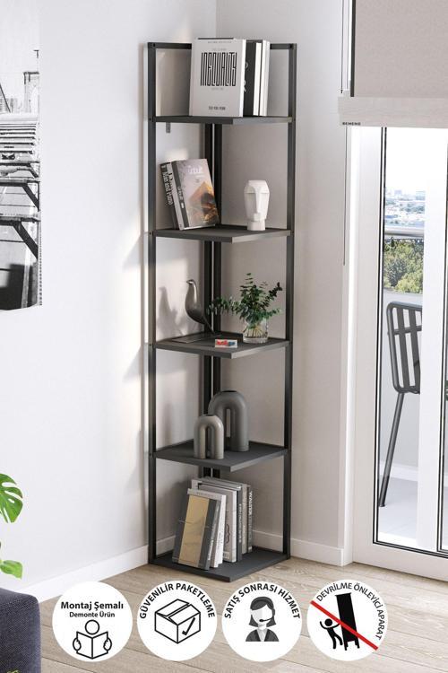 5 Raflı Metal Köşe Kitaplık Rafı Dekoratif Aksesuar Rafı Selanik 180 cm Antrasit