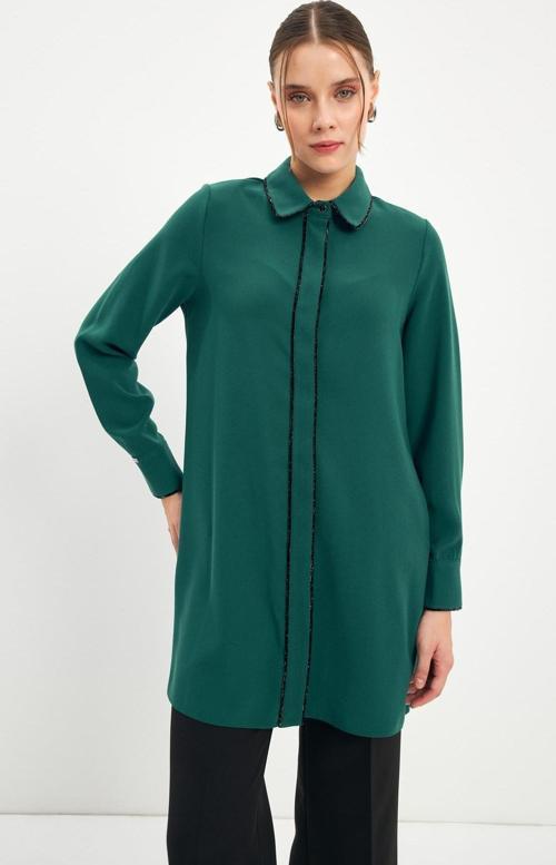 Şerit Detaylı Zümrüt Tunik T-1498