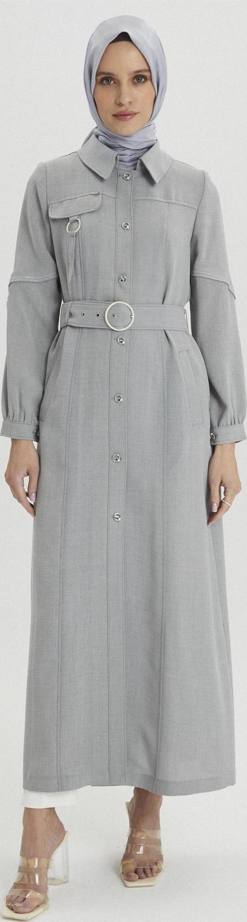 Gömlek Yaka Kemer Detaylı Gri Pardesü 13170