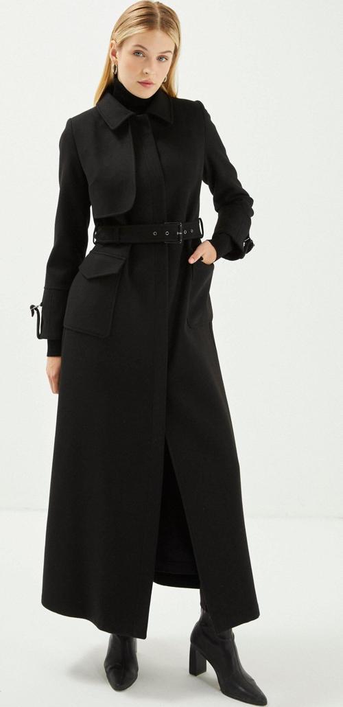 Gömlek Yaka Kemer Detaylı Siyah Kaşe Pardesü 13359