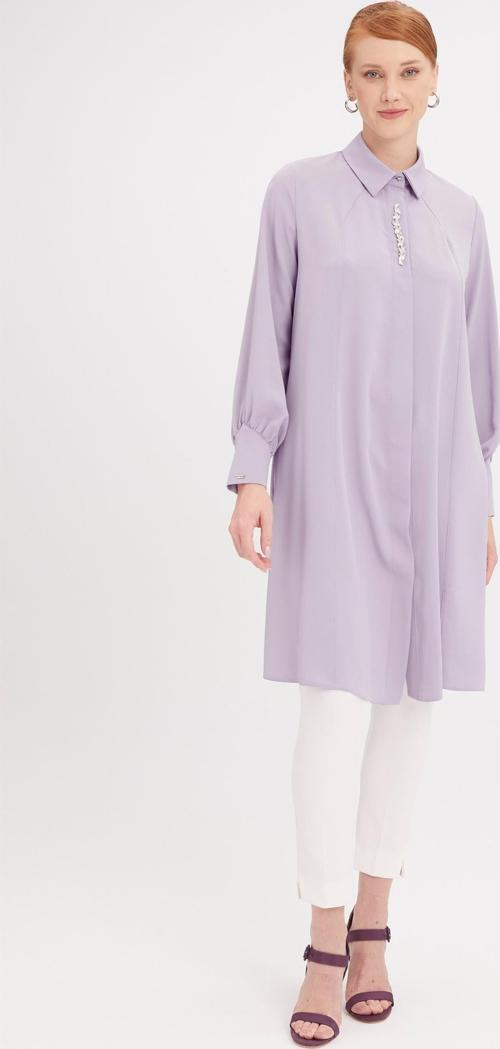 Gömlek Yaka Aksesuar Detaylı Lila Tunik T-1375