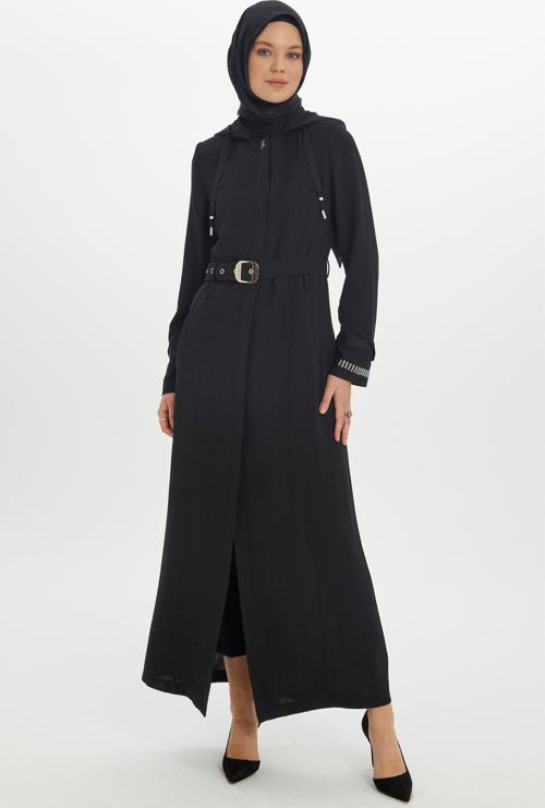 Kapüşonlu ve Kemer Detaylı Siyah Pardesü 13183