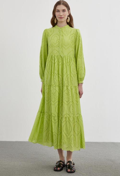 Hakim Yaka Desenli Uzun Yeşil Elbise E-0350