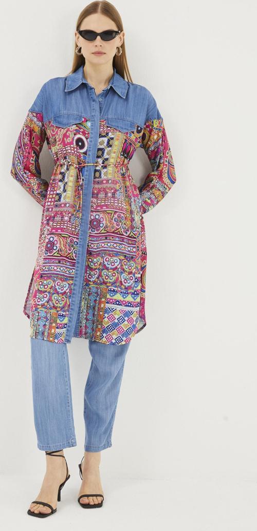Denim Desenli Gömlek Yaka Mavi/Fuşya Uzun Tunik T-1441