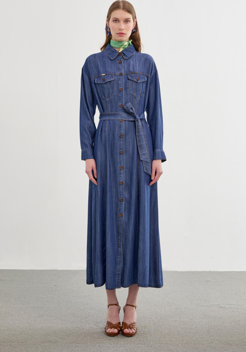 Denim Gömlek Yaka Düğmeli Koyu Mavi Elbise E-0392
