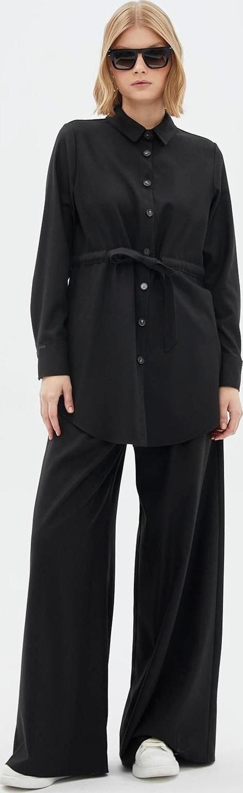 Düğmeli Bel Bağlamalı Siyah Tunik T-1508