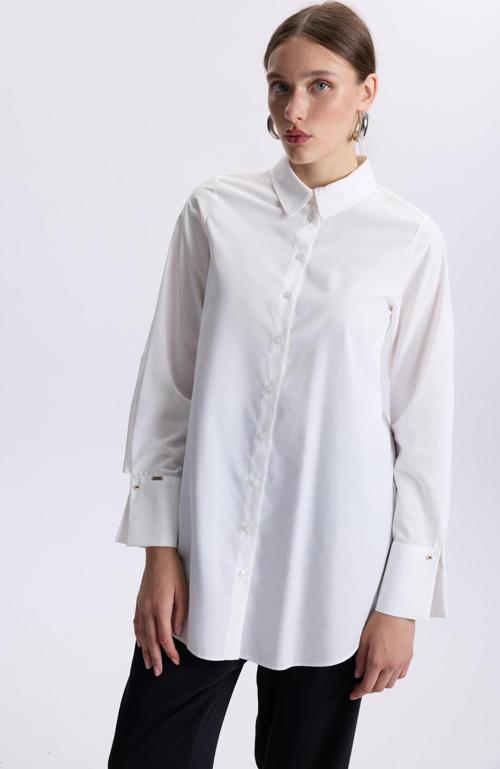 Kol Düğmeli Beyaz Poplin Tunik T-1506