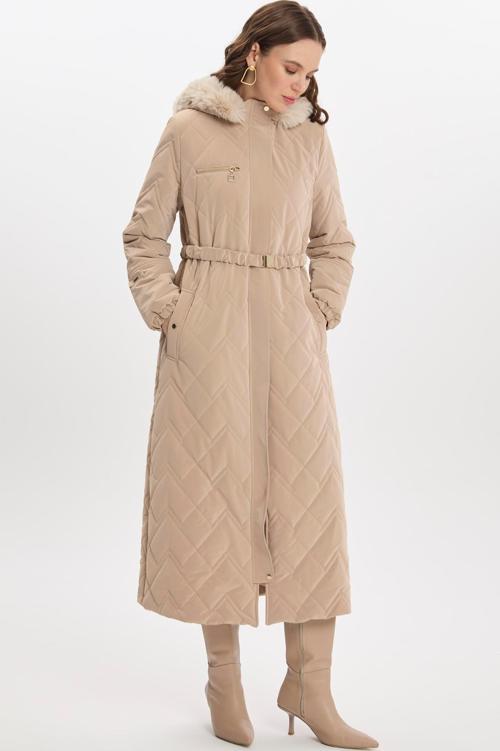 Kürk Detaylı Kapüşonlu Uzun Bej Şişme Mont 12765