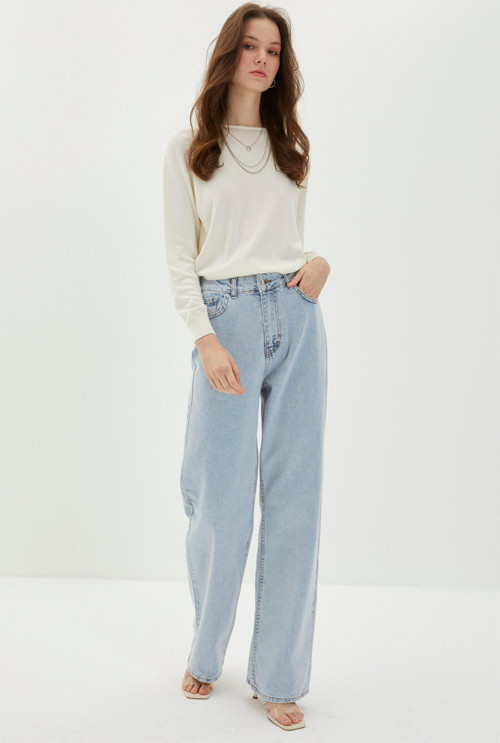Denim Yüksek Bel Bol Paça Mavi Pantolon P-0140