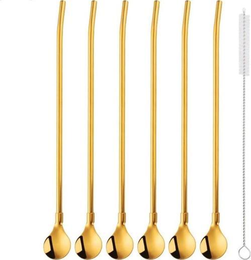 6'lı Gold Pipetli Latte Kaşığı Kokteyl Kaşığı Ve Temizleme Fırçası, 22 Cm Yuvarlak Model