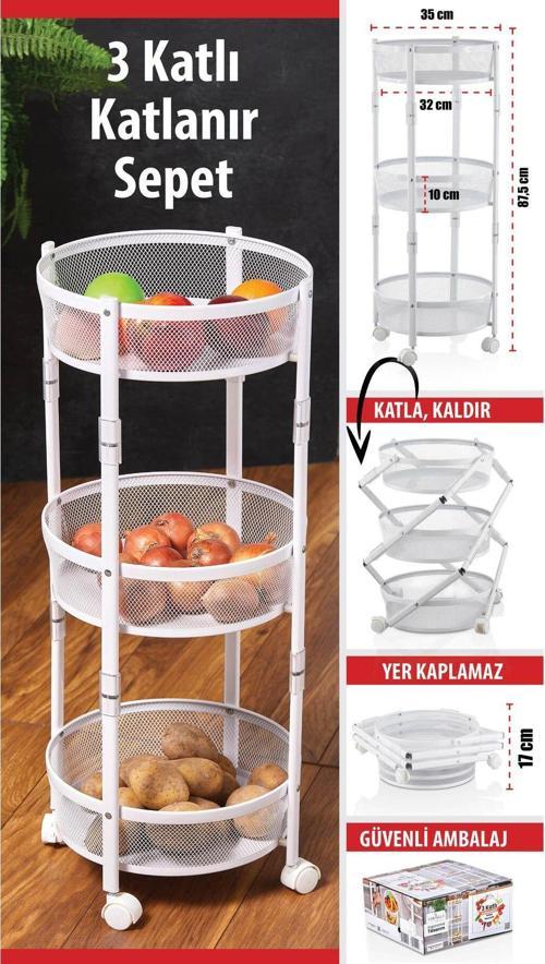 3 Katlı Pratik Katlanır Metal Beyaz Renk Tekerlekli Sepet Patates Soğanlık - Çok Amaçlı Organizer