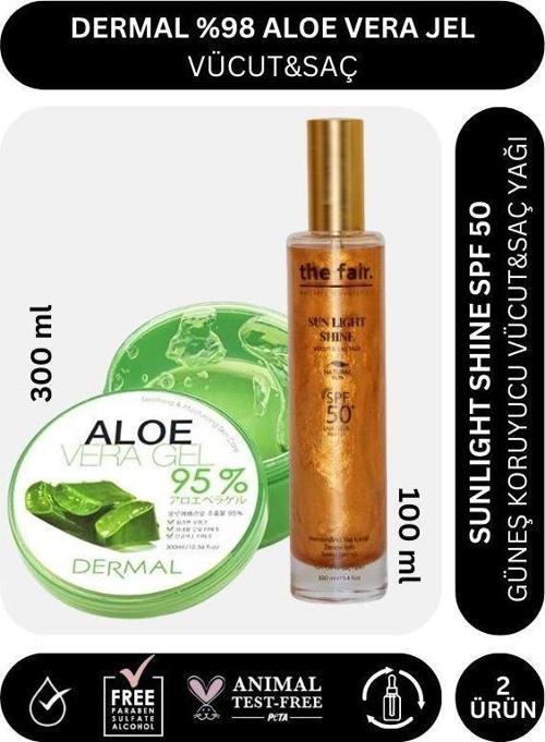 . Shine Spf 50 /pa Güneş Koruyucu Vücut ve Saç Yağı 100 ml ve Dermal Aloe Vera Jel 300 ml