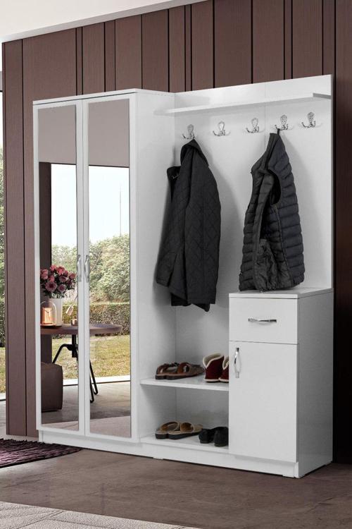 Flora 2 (İki) Kapılı Beyaz Aynalı Elbise Askılığı Kapaklı Vestiyer - Portmanto - Ayakkabılık