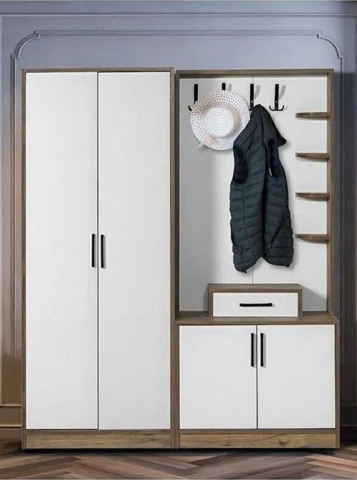 Loft 2 (İki) Kapılı Krem Ceviz Aynasız Elbise Askılığı Kapaklı Ayakkabılık - Vestiyer - Portmanto
