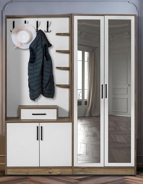 Loft 2 (İki) Kapılı Krem Ceviz Sağ Aynalı Elbise Askılığı Kapaklı Ayakkabılık - Vestiyer - Portmanto