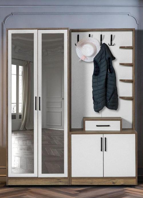 Loft 2 (İki) Kapılı Krem Ceviz Sol Aynalı Elbise Askılığı Kapaklı Ayakkabılık - Vestiyer - Portmanto