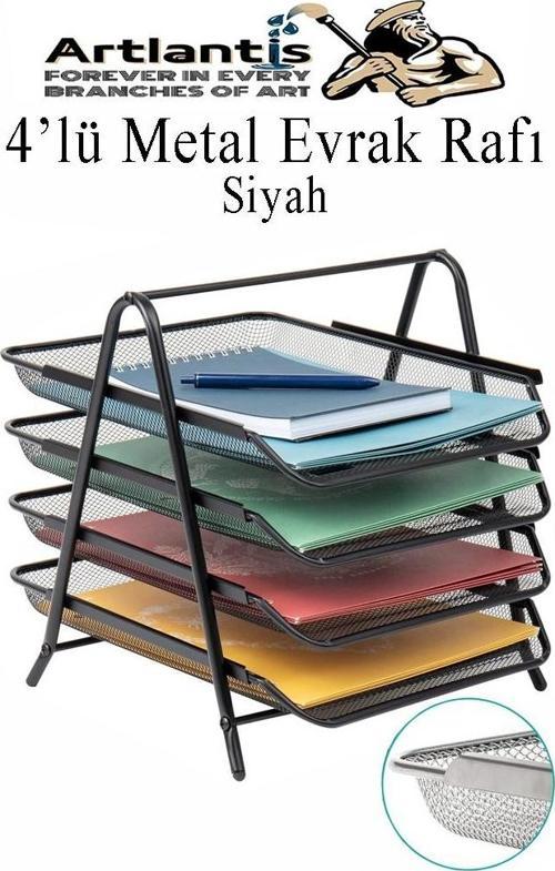 Evrak Rafı Metal 4 lü 1 Paket Masa Üstü A4 Dosya Düzenleyici Kağıt Tepsisi Metal Fileli Dört Katlı Hareketli Perfore