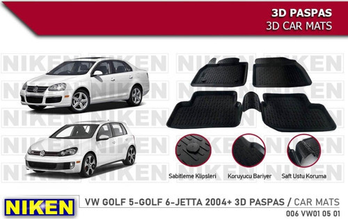 Volkswagen Golf 5 Havuzlu 3D Paspas Niken Siyah 2003+ Sonrası