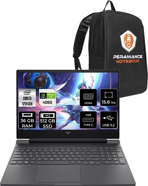 Victus 15 İ5 12500H 36Gb 512Gb Ssd Rtx4060/8Gb 144Hz 15.6'' Fhd Fdos Gaming Laptop & Per4 Çanta