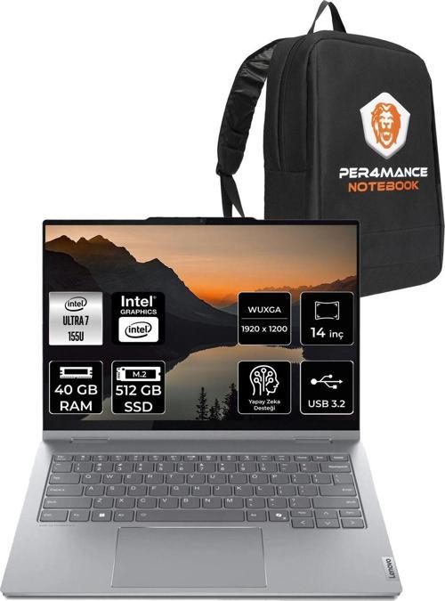 Thinkbook 14 Ultra 7 155U 40Gb 512Gb Ssd 14" Fdos Wuxga Dokunmatik 2'Si 1 Arada & Per4 Çanta