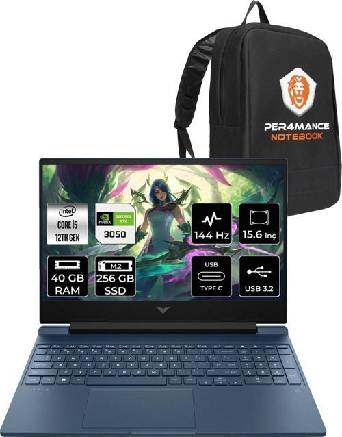 Victus 15 İ5 12450H 40Gb 256Gb Ssd Rtx3050/4Gb 144Hz 15.6'' Fhd Fdos Gaming Laptop & Per4 Çanta