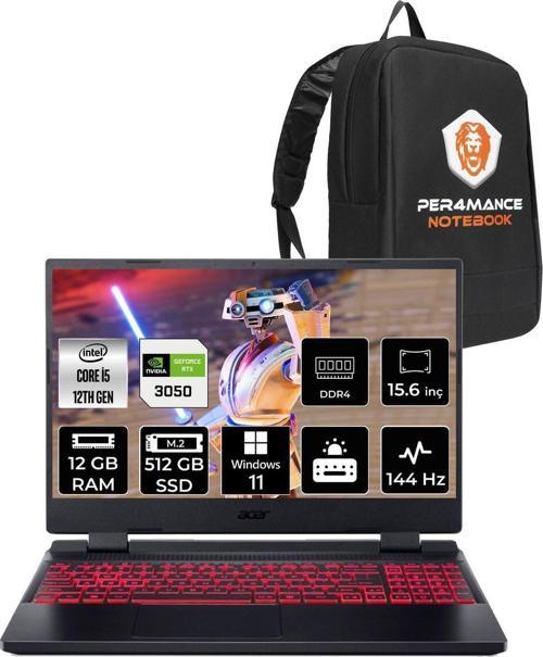 Nitro 5 İ5-12450H 12Gb 512Gb Ssd Rtx3050/4Gb 144Hz 15.6" Fhd W11Pro & Per4 Çanta