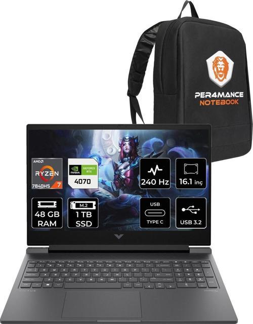 Victus 16 R7 7840Hs 48Gb 1Tb Ssd Rtx4070/8Gb 240Hz Qhd 16.1'' Fdos Gaming Laptop & Per4 Çanta